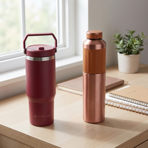 Combo Mug de Acero Inoxidable 900 ml Likelife Granate + Termo Flask Doble Pared 500 ml Likelife Naranja