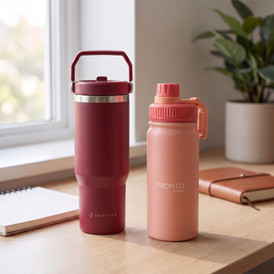 Combo Mug de Acero Inoxidable 900 ml Likelife Granate + Botella Térmica Pronto Manía 550 ml Damasco