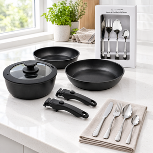 Combo Batería de Cocina 6 Piezas Negra + Set de Cuchillería 24 Piezas L Selection