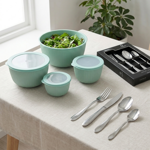 Combo Set Cubiertos 24 Piezas Carne Vancouver + Juego 4 Bowls para Ensalada
