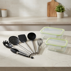 Combo Set 6 Utensilios de Cocina Silicona Negro + Hermético Fresh 640 ml + Hermético Fresh 1050 ml Doral