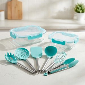Combo Set 6 Utensilios de Cocina Silicona Turquesa + Hermético Fresh Lock 1000 ml + Hermético Fresh Lock 640 ml Doral