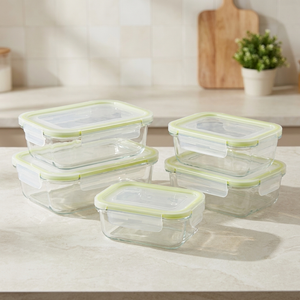 Combo 5 Herméticos de Vidrio Borosilicato Fresh Doral: 2 de 640 ml, 2 de 1050 ml y 1 de 370 ml