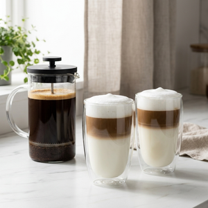 Combo Cafetera Francesa de Vidrio 600 ml + Set 2 Vasos Latte 473 ml