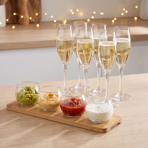 Combo Set de Aperitivo Bambú y Vidrio 5 Piezas Secret de Gourmet + Set 6 Copas Flauta Arbor 170 ml