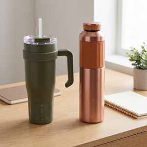 Combo Mug Térmico 1,1 L L Selection Oliva + Termo Flask Doble Pared 500 ml Likelife Naranja