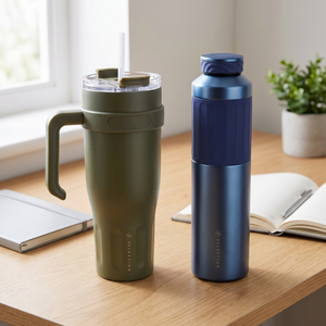 Combo Mug Térmico 1,1 L L Selection Oliva + Termo Flask Doble Pared 500 ml Likelife Azul