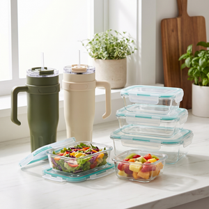 Combo 2 Mugs Térmicos 1,1 L L Selection Oliva y Beige + Juego de 5 Contenedores de Vidrio