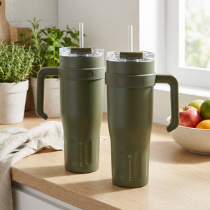 Combo 2 Mugs Térmicos 1,1 L Oliva con Asa y Bombilla