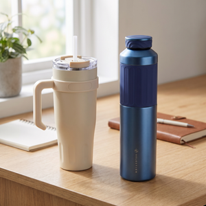 Combo Mug Térmico 1,1 L L Selection Beige + Termo Flask Doble Pared 500 ml Likelife Azul