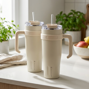 Combo 2 Mugs Térmicos 1,1 L Beige con Asa y Bombilla