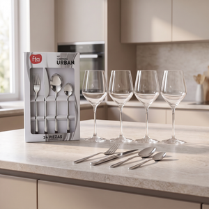 Combo Set de Cubertería 24 Piezas Urban FTA + 12 Copas de Vino de Cristal 450 ml Maison Verre (3 Sets de 4)