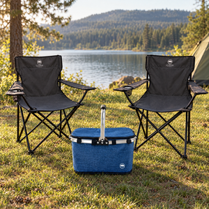 Combo Canasto Cooler Plegable 18 L Azul + 2 Sillas de Camping Plegables Llaima Negras