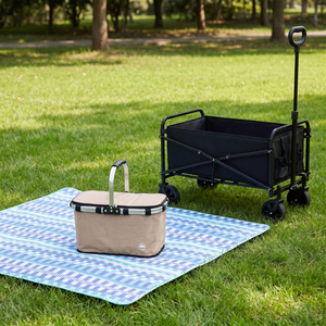 Combo Picnic: Cooler Plegable 18 L Beige Llaima + Manta 150 x 180 cm Cuadros + Carrito Plegable Navigator Negro