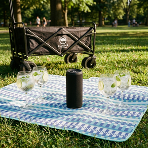 Combo Picnic Manta 150x180 cm + Parlante Bluetooth 20W + 4 Copas Acrílicas Gin 660 ml + Carrito Plegable Llaima Outdoor