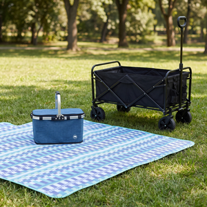 Combo Picnic: Manta 150 x 180 cm Cuadros + Cooler Plegable 18 L Azul Llaima + Carrito Plegable Navigator Negro