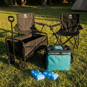 Combo Carrito Plegable Navigator 80 kg + Cooler Plegable Copec RallyMobil 20 L + Icepack Duro 2 x 400 g + 2 Sillas de Camping Llaima Negras