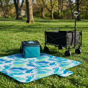 Combo Carrito Plegable Navigator 80 kg + Cooler Plegable Copec RallyMobil 20 L + Manta Picnic Mashini 150 x 180 cm Manchas