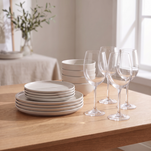 Combo Set Vajilla 12 Piezas Porto Cervo Crema Doral + 12 Copas de Vino de Cristal 520 ml Maison Verre (3 Sets de 4)