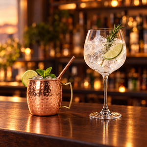 Combo 4 Mugs Moscow Mule 500 ml Cobre Cuiner + 8 Copas Cóctel 800 ml Maison Verre (2 Sets de Cada Uno)