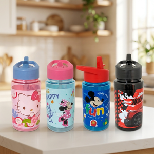 Combo 4 Botellas Infantil 500ML con Bombilla Hello Kitty, Minnie, Mickey, Hot Wheels