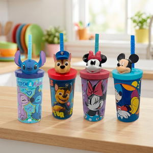 Combo 4 Vasos 360ML Infantil con Bombilla y Figura 3D Stitch, Paw Patrol, Minnie, Mickey