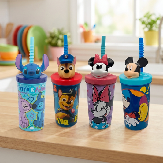 Combo 4 Vasos 360ML Infantil con Bombilla y Figura 3D Stitch, Paw Patrol, Minnie, Mickey