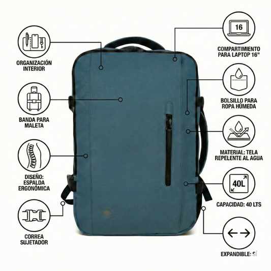 Combo Mochila Viaje XL 40Lts Azul Piedra Llaima Resistente al Agua + Maleta de Cabina Negra