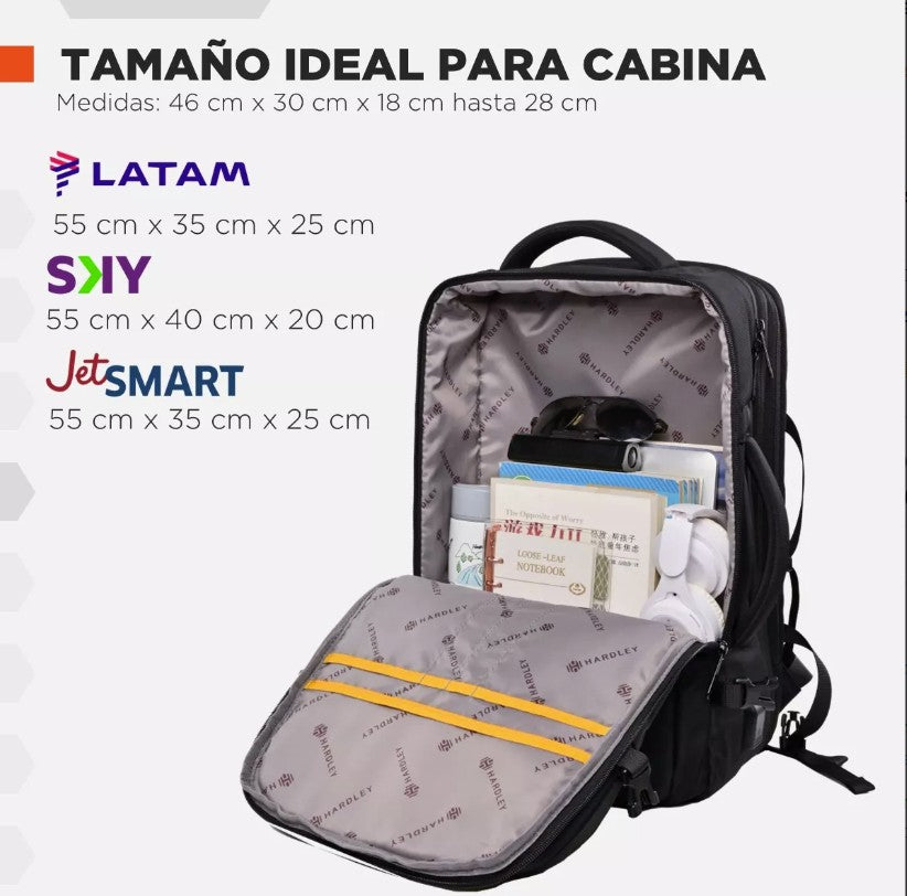 Mochila de Viaje Viral (Cabina Avión). Hardley 40L Balistica + Usb Black