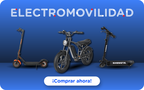 Banner de electromovilidad: patinetas eléctricas y bicicleta eléctrica destacadas sobre fondo azul. Texto: 'Electromovilidad'. Botón: '¡Comprar ahora!'