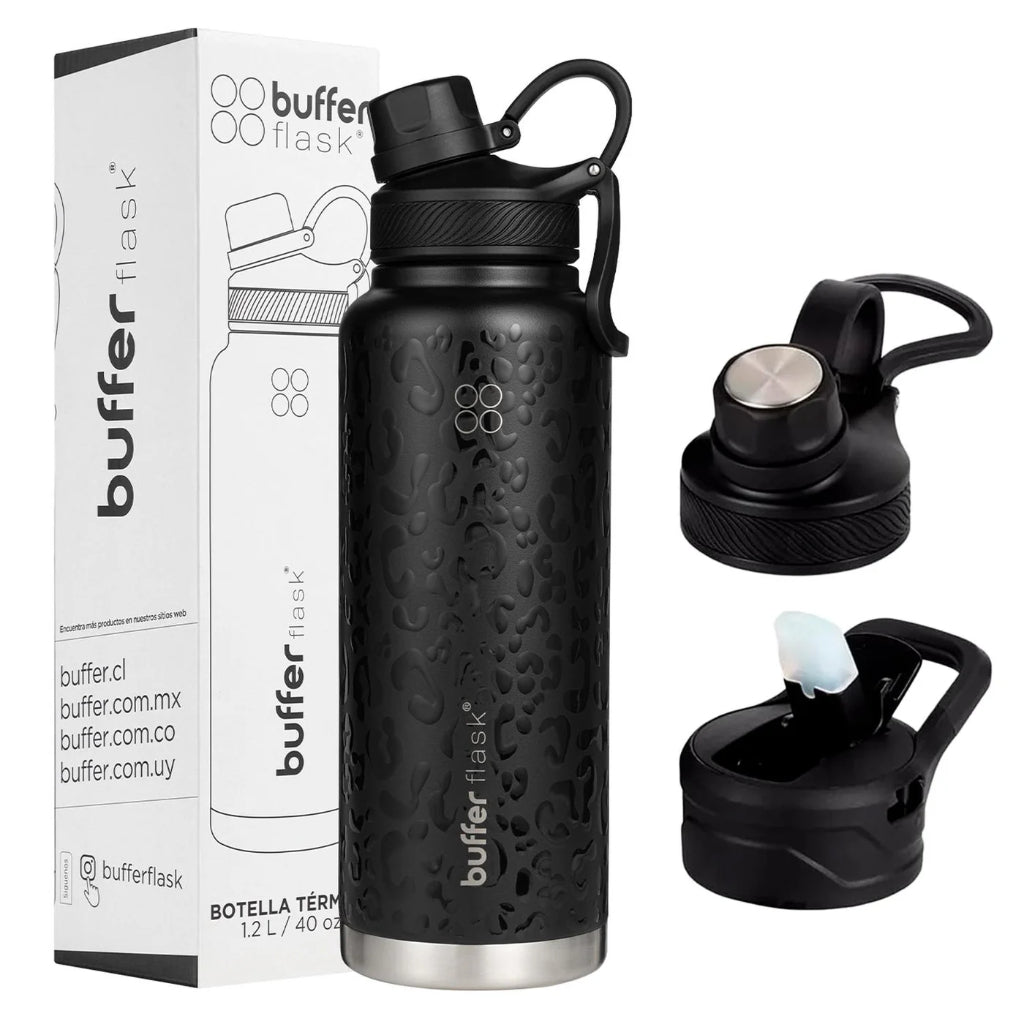 Botella Agua Térmica Buffer Paine 1,2Lt  + 2 Tapas Negra Leopardo